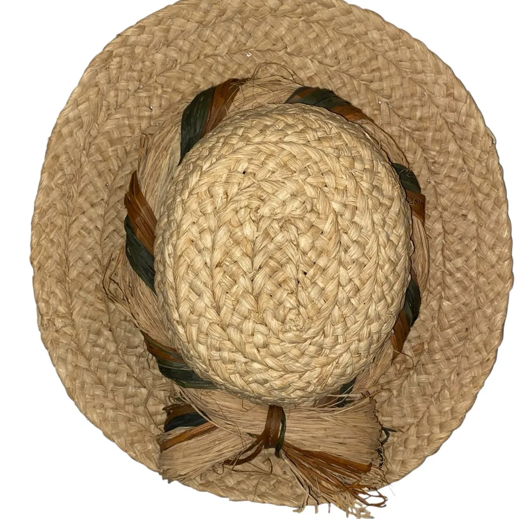 Vintage Tan Straw Hat Multicolor Band straw bow cottagecore gardening sun hat - Image 2
