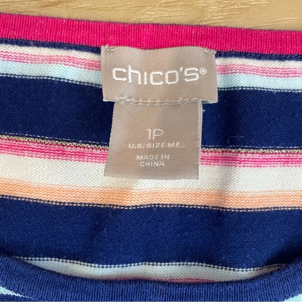 Chico’s Multi-Colored Striped Button-Sleeve Pullover Sweater  Size 1P W/Gold - Image 4