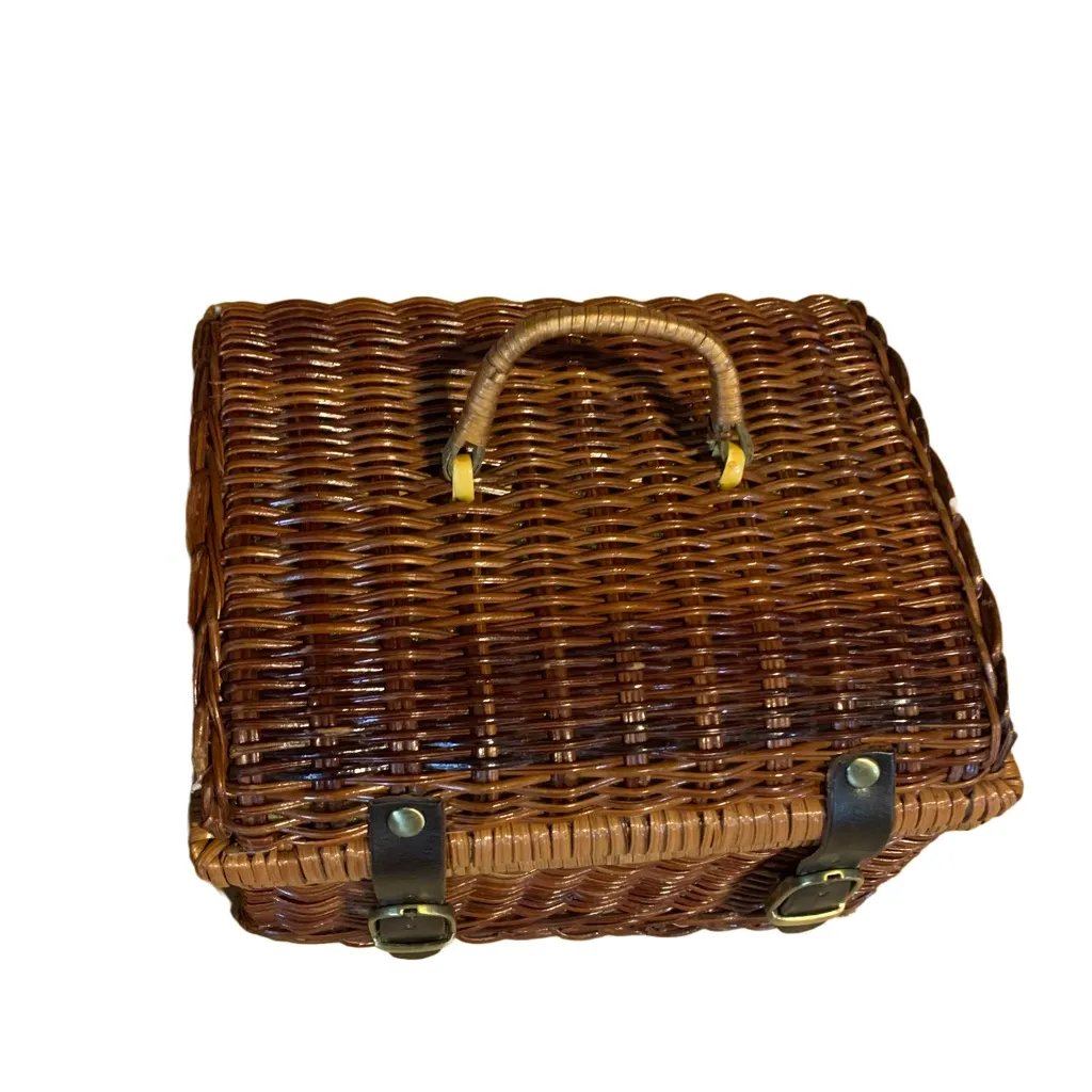 VINTAGE GIVENCHY BROWN WICKER RATTAN AND LEATHER BASKET PURSE - Image 5