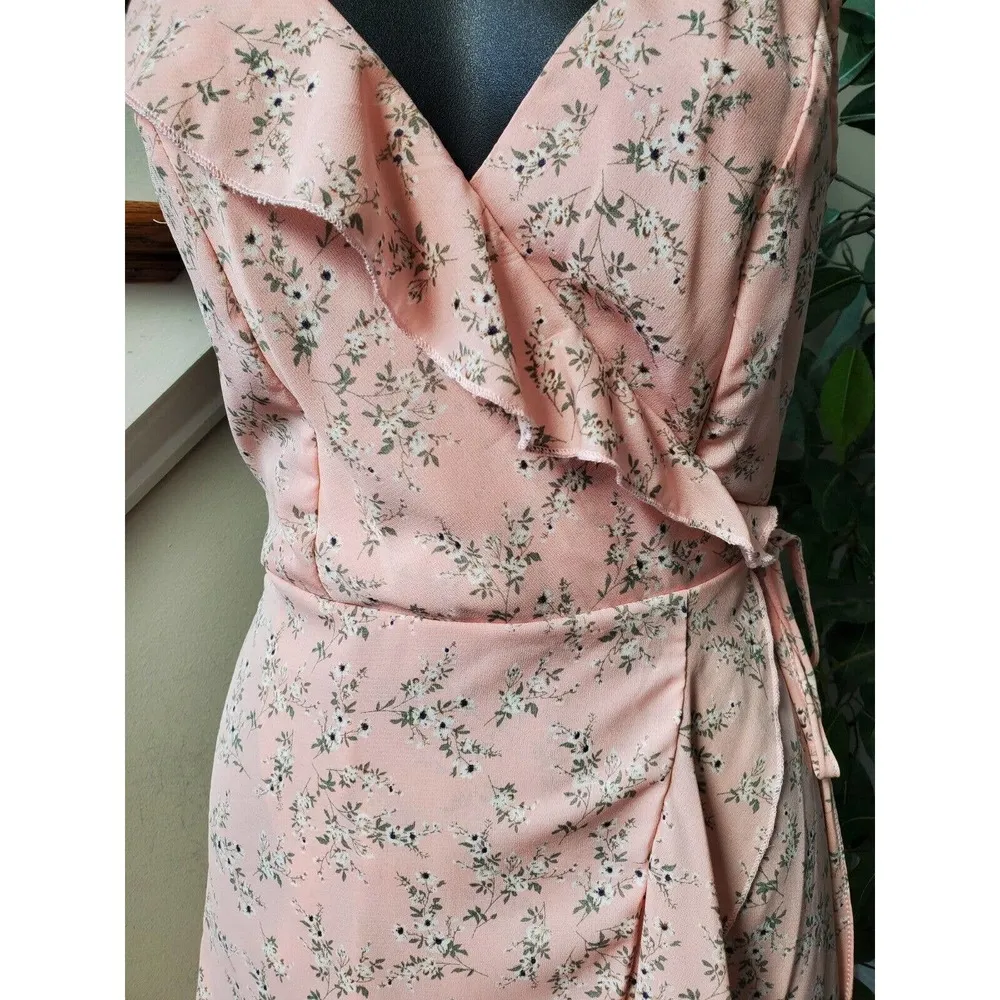 Romwe Women's Pink Floral Cotton V-Neck Sleeveless Knee Length Dress Size Small - Image 3