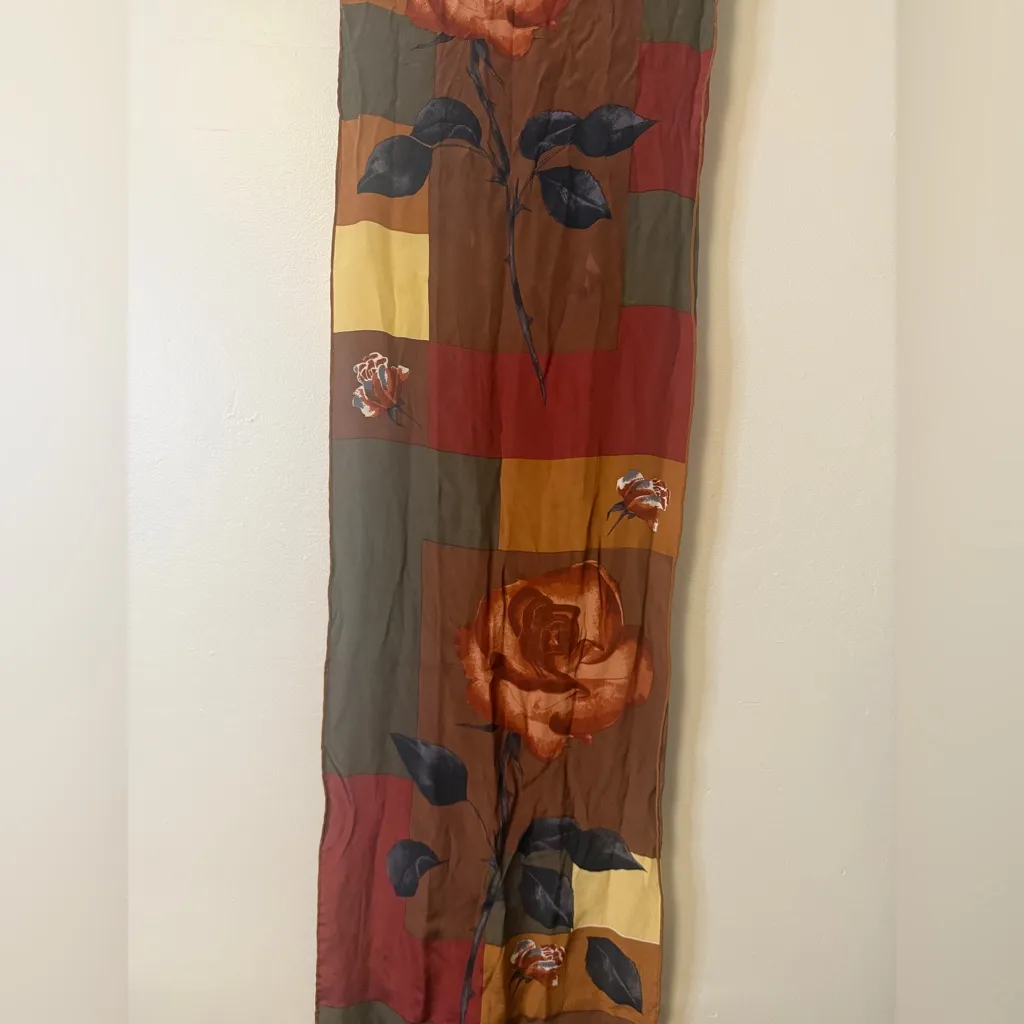 Halston Silk Scarf Vintage 1980’s Abstract Patchwork Floral Print Italy Red - Image 7