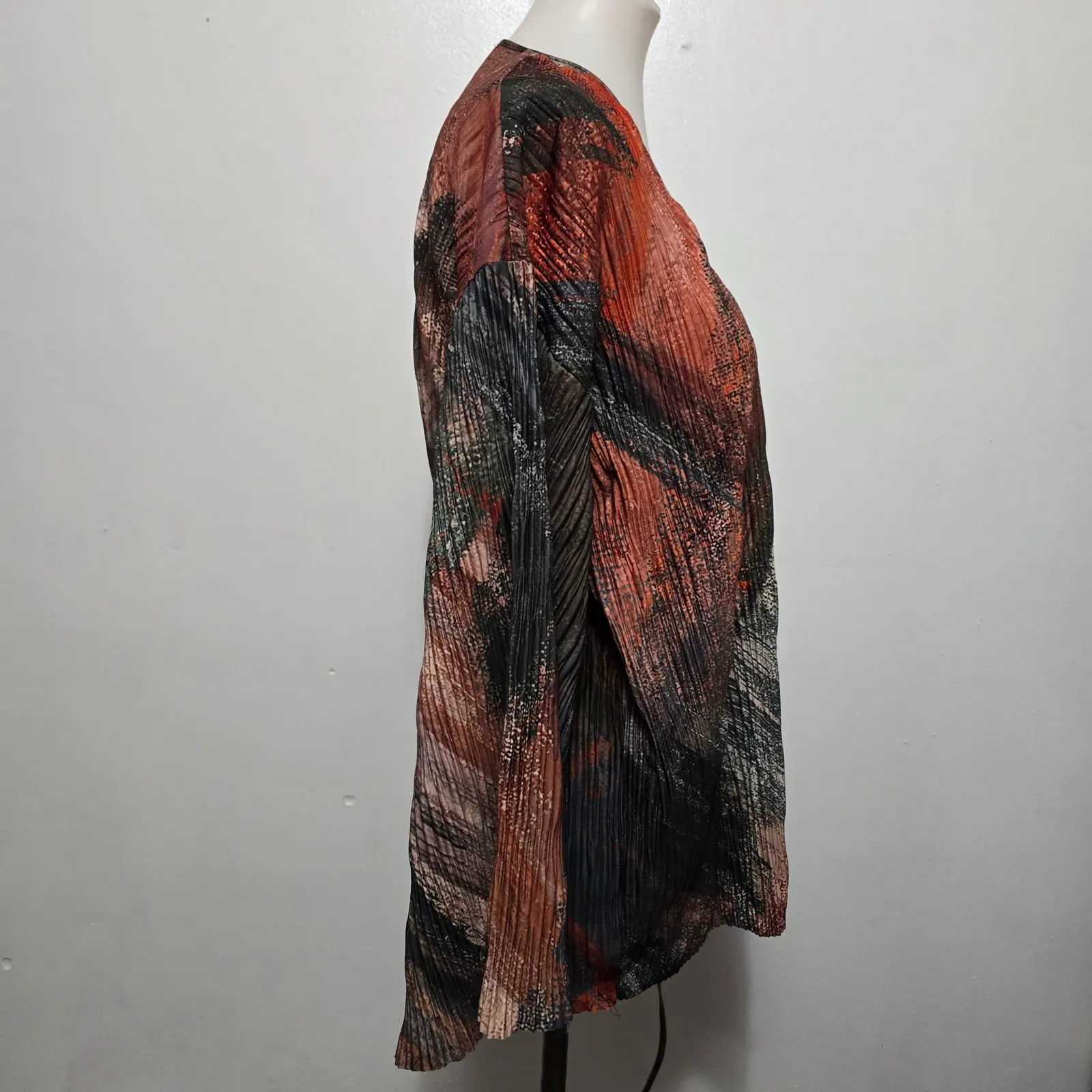ZARA Green & Orange Abstract Print Plisse Pleated Wrap Blouse Top Women Size S - Image 4
