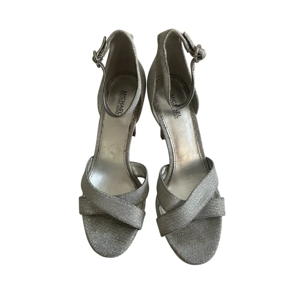 MICHAEL KORS Silver Fabric Ankle Strap Heels Size 7.5 - Image 4