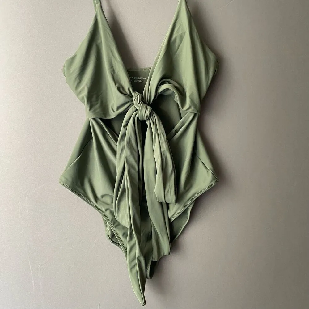 AERIE sz M Olive green midriff cut out‎ front tie swimsuit - Image 6