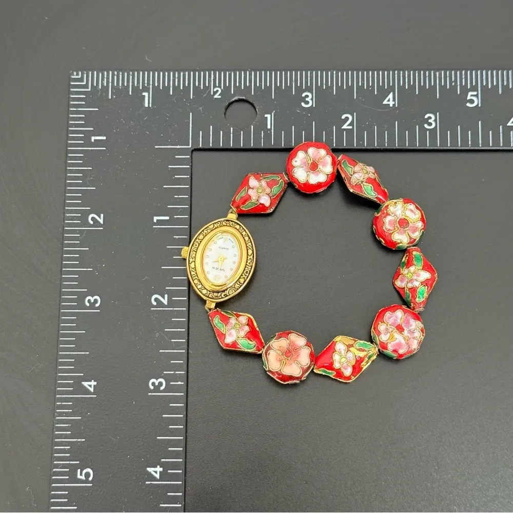 Vintage GRUEN Mother of Pearl Face Red Cloisonne Beaded Stretchy Ladies Watch - Image 9