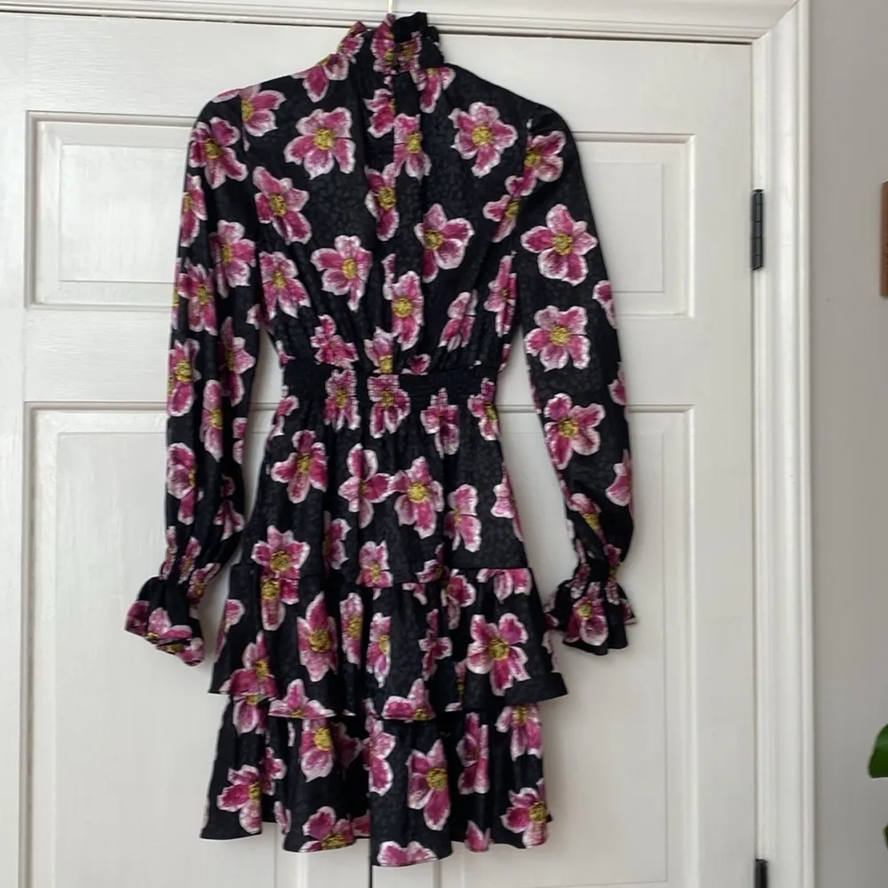 Borgo De Nor Black Purple Yulia Floral High Neck Ruffle Satin Dress Size 2 Sz XS - Image 8