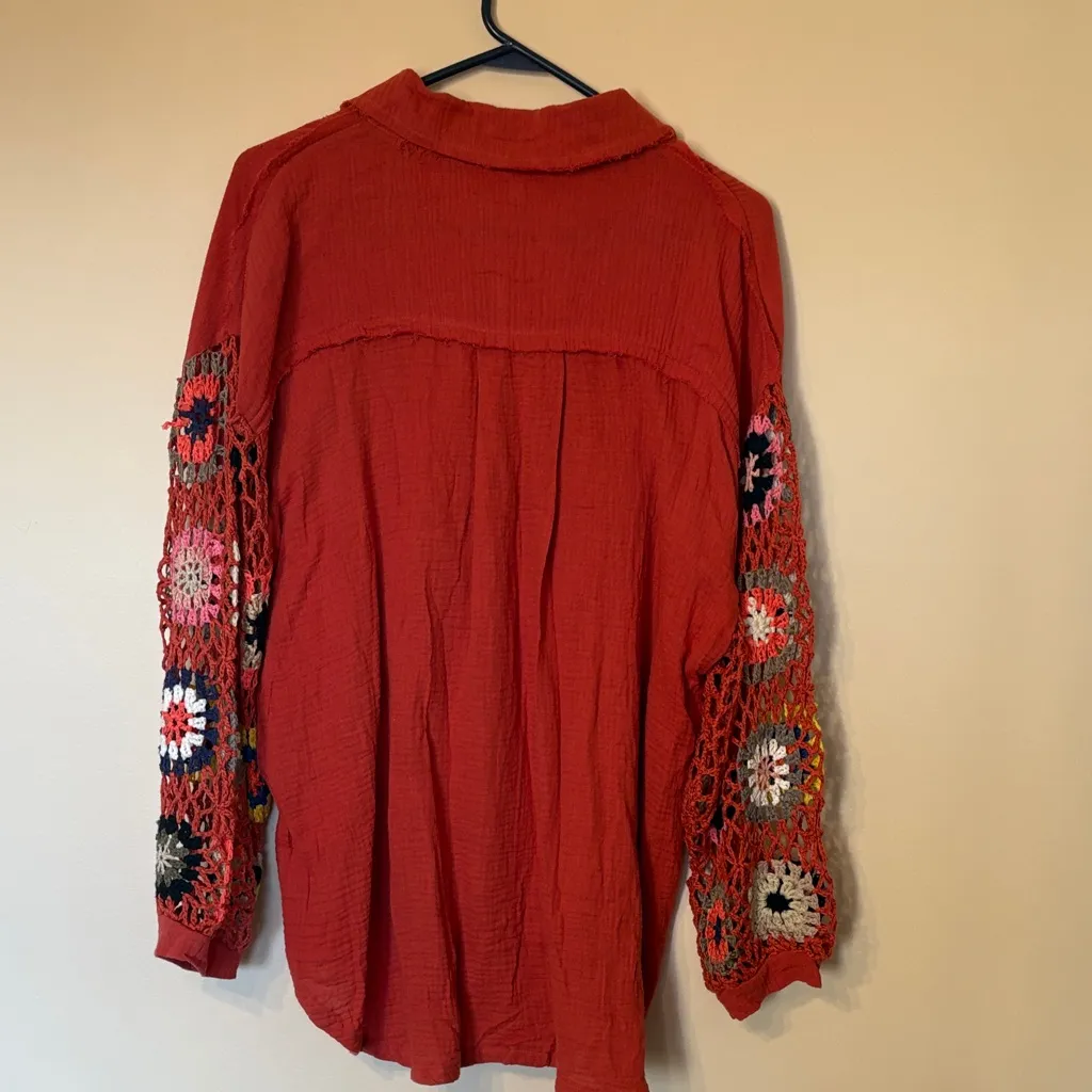 Umgee Brick Red Button Down with Colorful Crochet Sleeves - Image 6