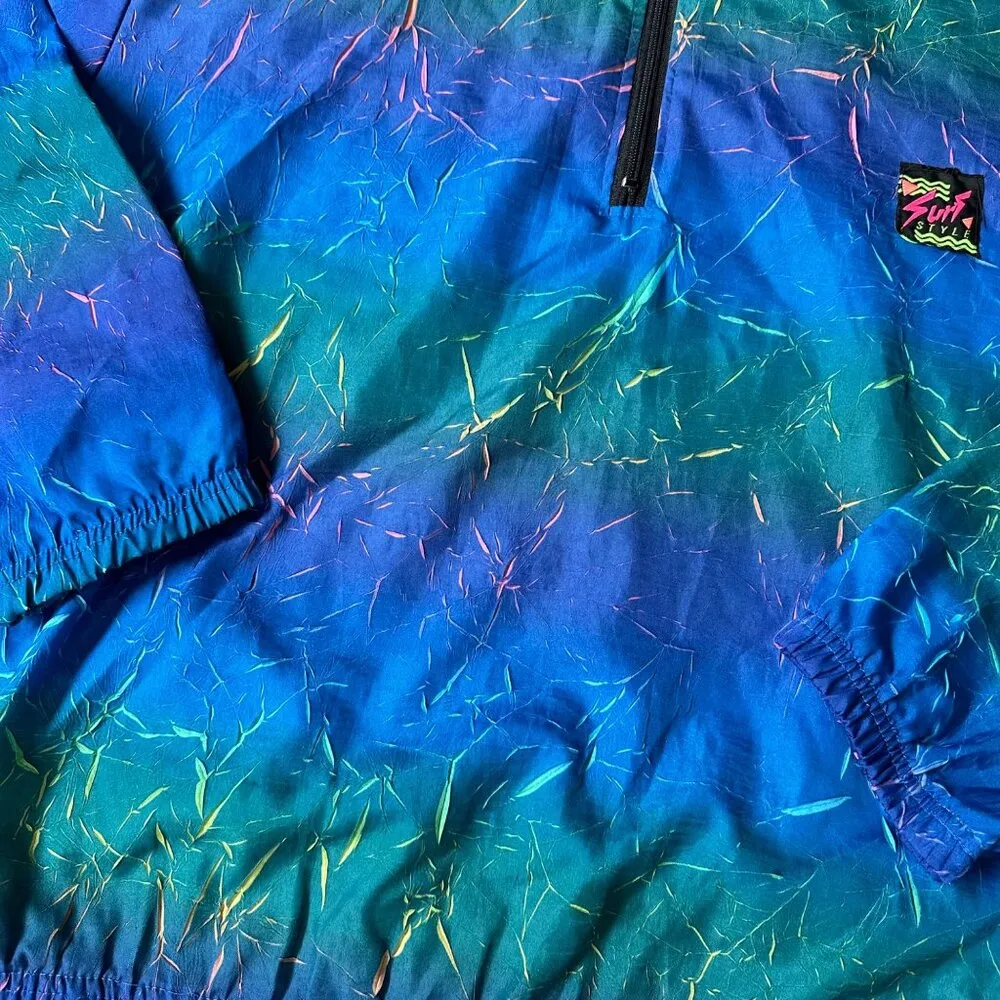 Vintage Unisex Surf Style Blue & Multicolored Neon Windbreaker OS - Image 9