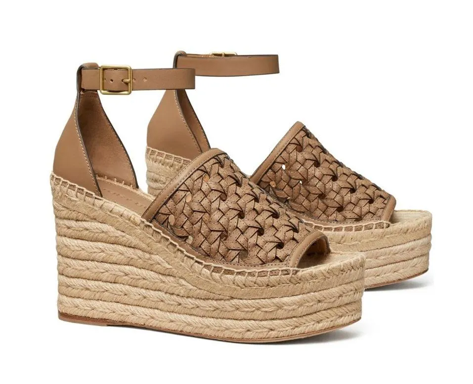 Tory Burch Basketweave Espadrille Ankle Strap Wedges Leather Size 10M New in Box - Image 15