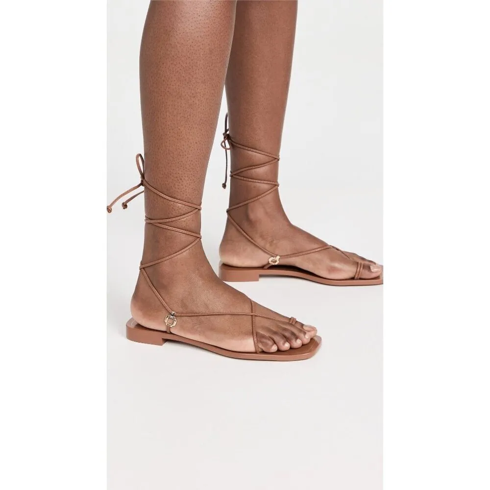 Larroude Portofino Flat Sandals in Caramel Leather 6 With Box Womens Wrap Slides Brown - Image 12