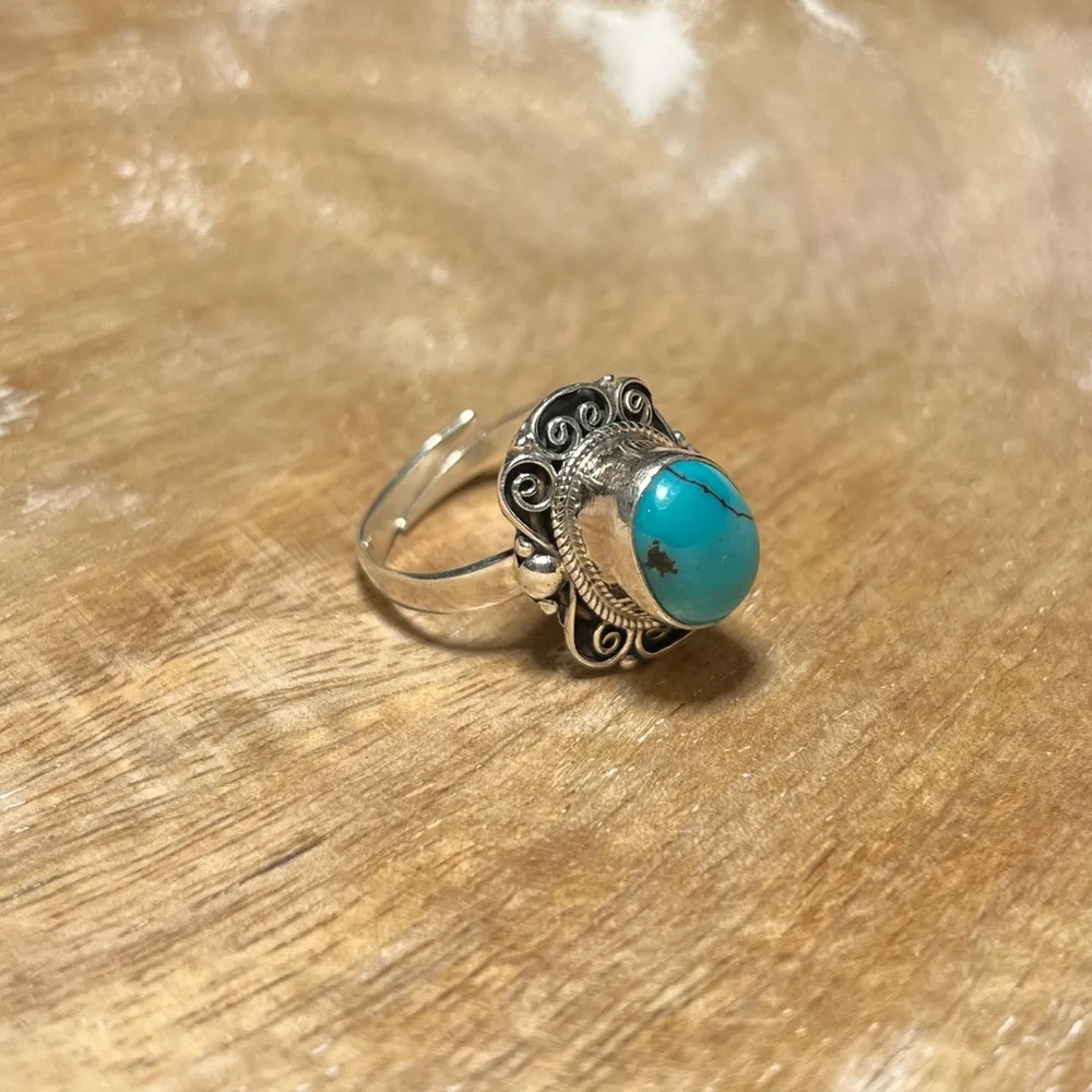 Vintage Turquoise Filigree 925 Sterling Silver Adjustable Ring - Image 2