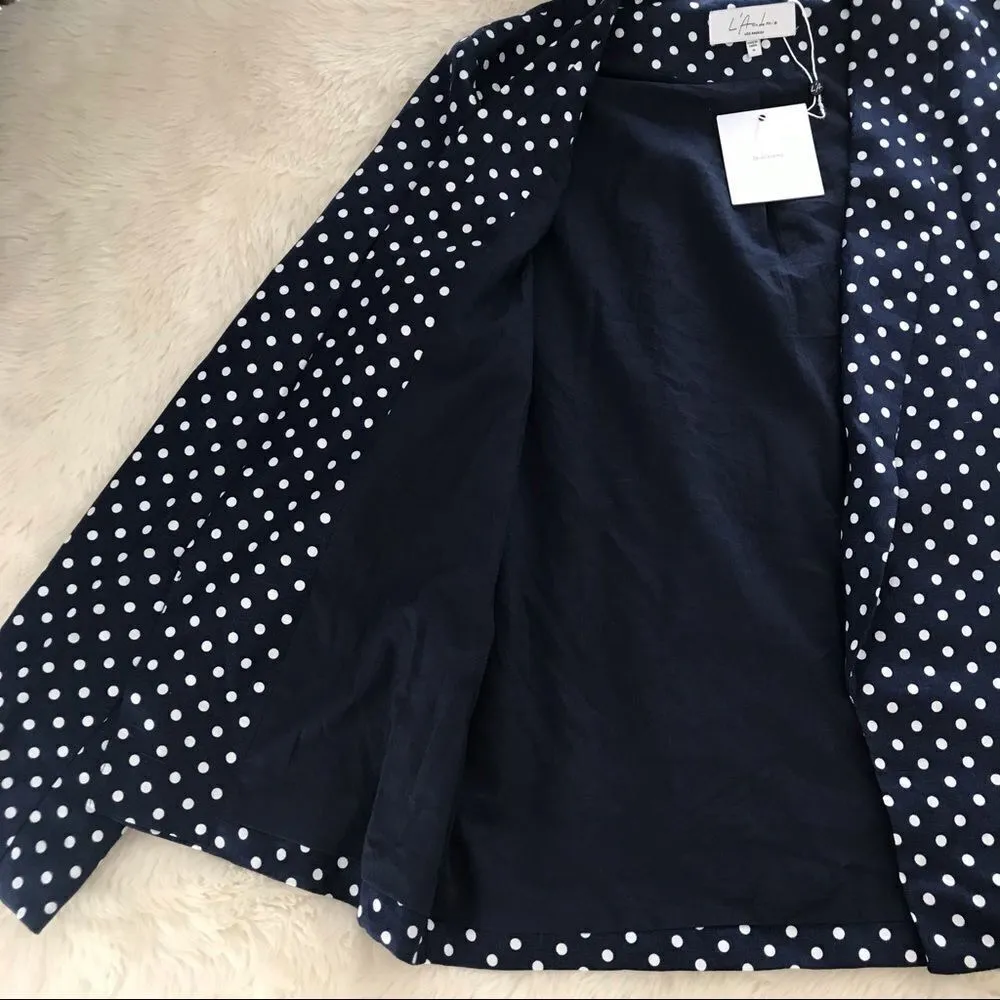 L’ACADEMIE Carter Linen Blazer Open Front Navy Blue White Polka‎ Dot Medium New - Image 9