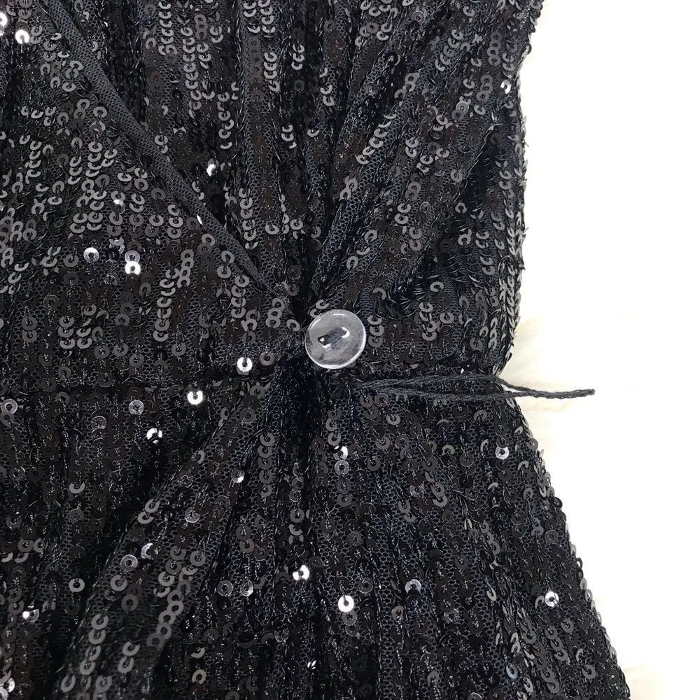FREE‎ PEOPLE Black Wrap Sequin Romper Mini Dress Long Sleeves Low Cut Small New - Image 9