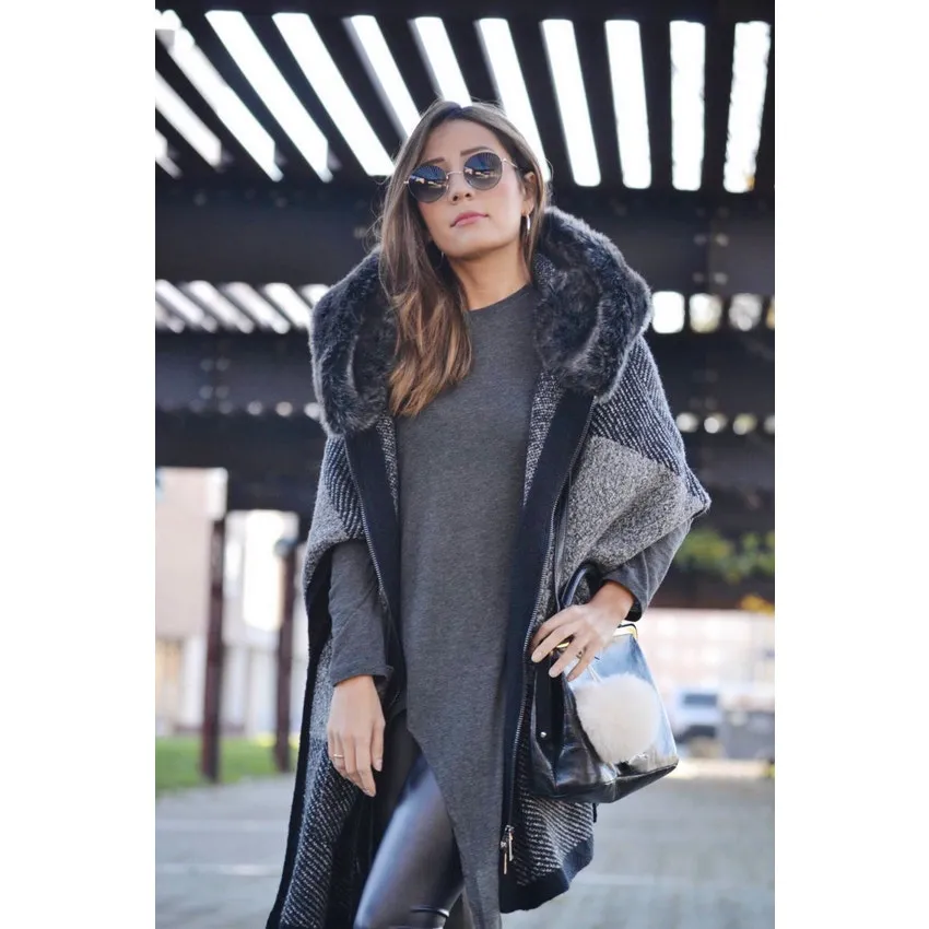 Zara Rare Tan Grey Oversized‎ Cape Poncho Coat Fur Hood Bloggers Size Small - Image 5