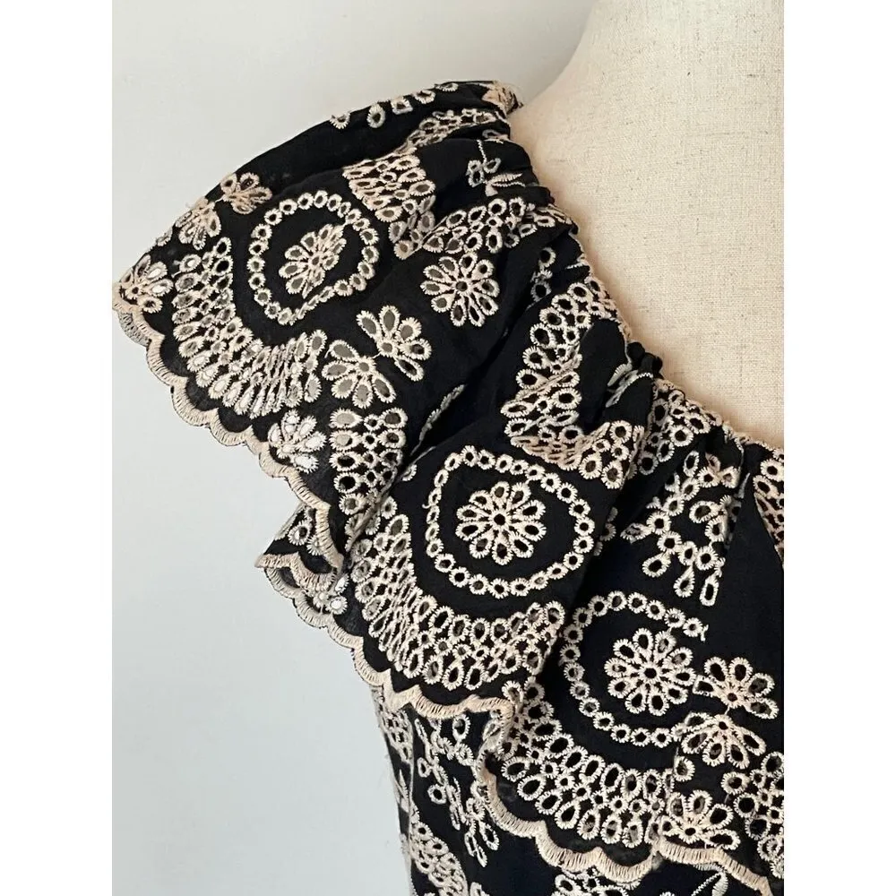 LoveShackFancy Black And Cream Pamela Asymmetric One Shoulder‎ Flounce Dress S - Image 11