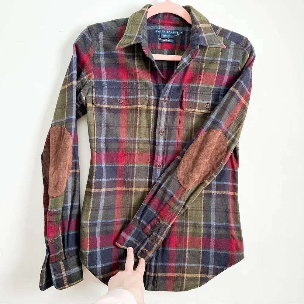 Ralph Lauren Blue Green Plaid Button Down Shirt w Brown Suede Elbow Patches sz 6 - Image 2
