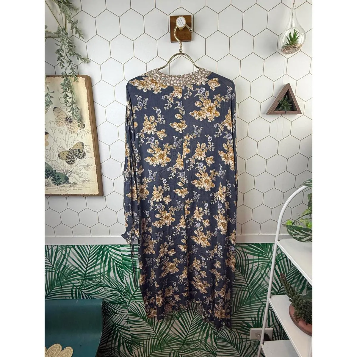 Easel Long Navy and Mustard Floral Duster - Size - Medium - Image 3