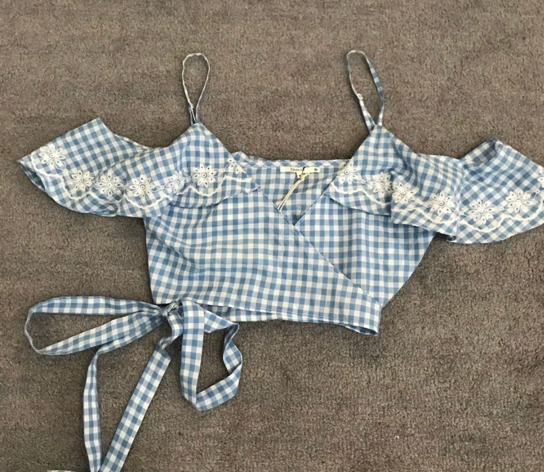 NTW  Gingham Cropped Cold Shoulder Wrap Top - Image 5