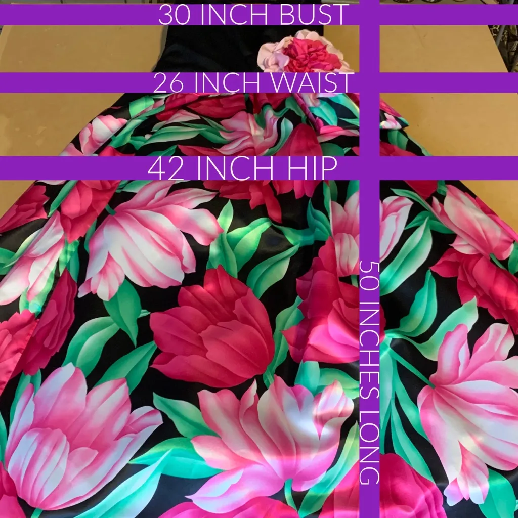 VICTOR COSTA VINTAGE 1980’S PINK & BLACK STRAPLESS FLORAL PRINT DRESS (8) - Image 13