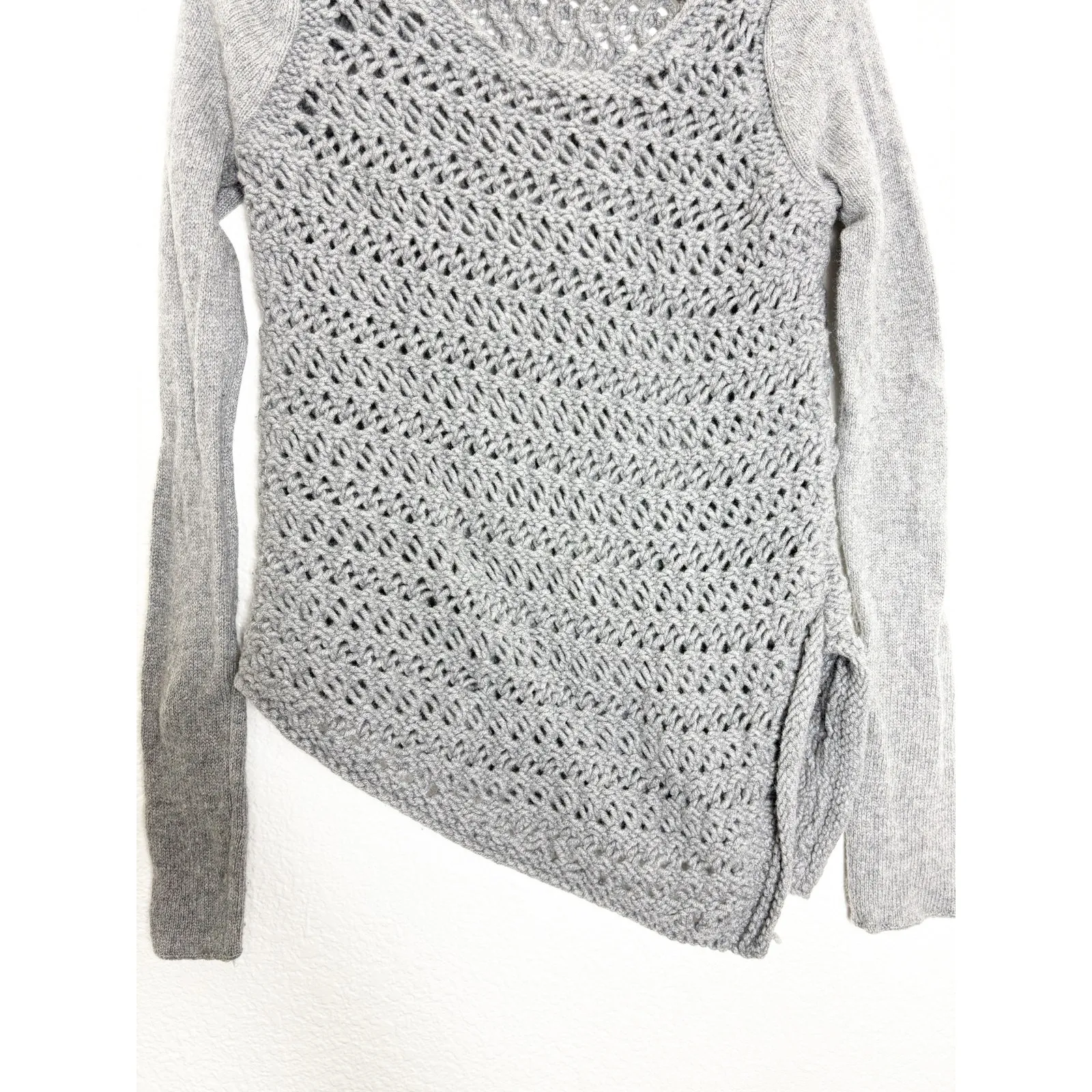 HELMUT LANG Asymmetrical Open Knit Sweater Size Small Gray Wool Cashmere - Image 9