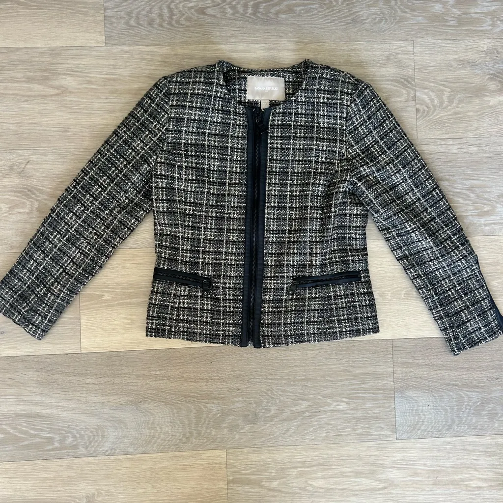 Banana Republic Tweed Zip Jacket Petite 0P Black Ivory - Image 3