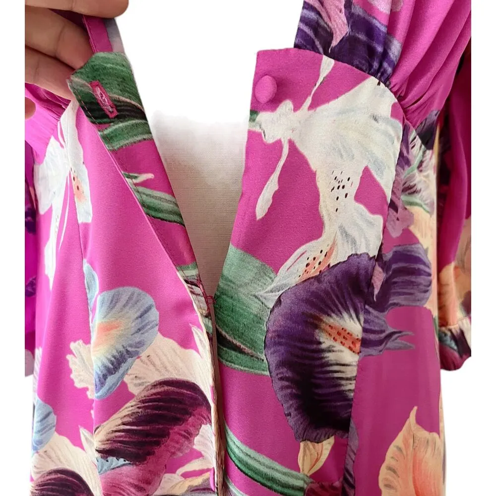 PATBO Grace Floral Dress Satin Puff Sleeve Midi Button Down Influencer US 6 Pink - Image 8