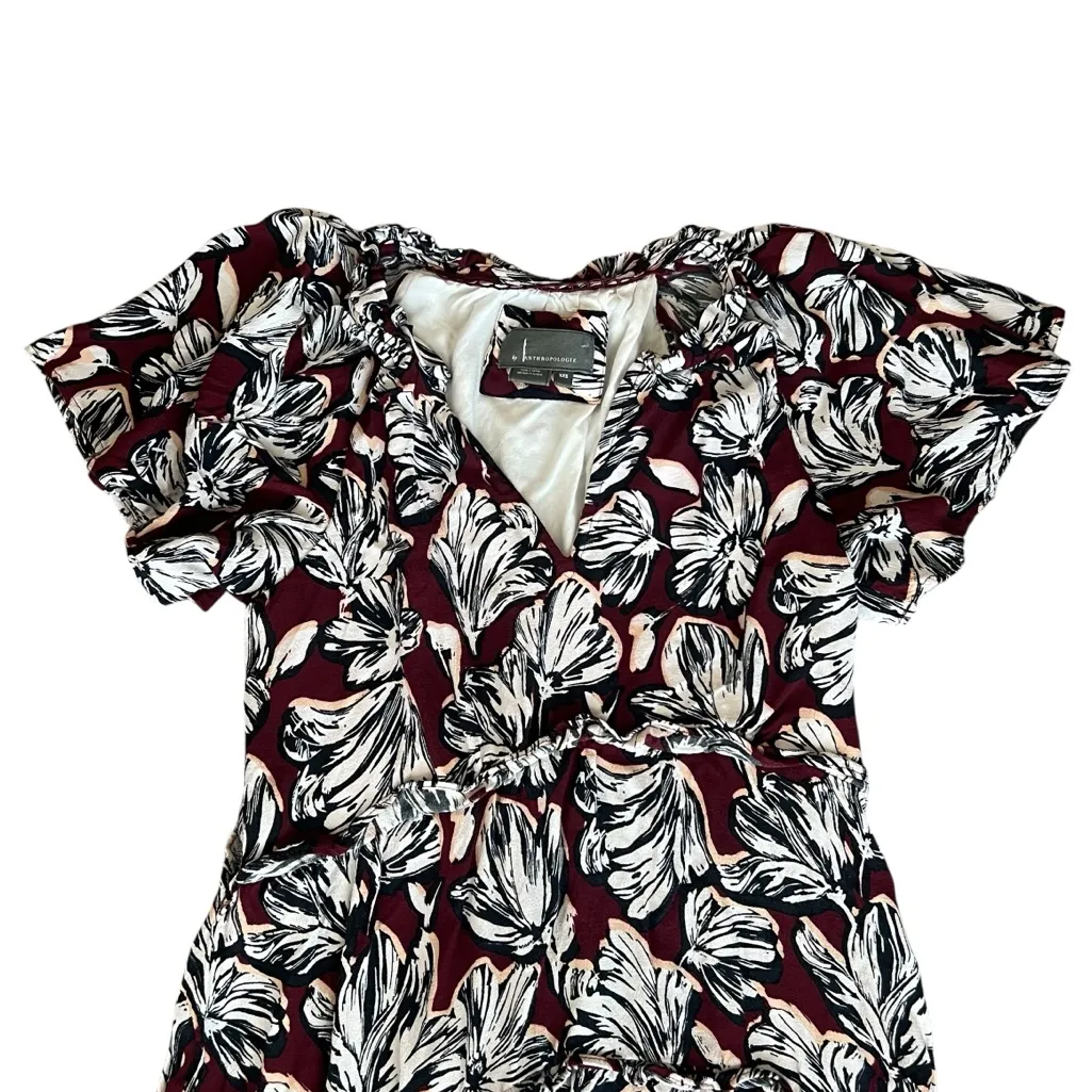 Anthropologie Women’s Robin Floral Wine Burgundy Print Ruffle Tiered Mini Dress - Image 3