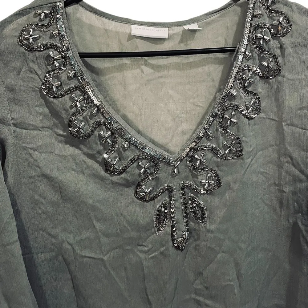 New York & Company Silver Sheer Lux Boho Casual Beaded Sequin Embellished Tunic - Image 2