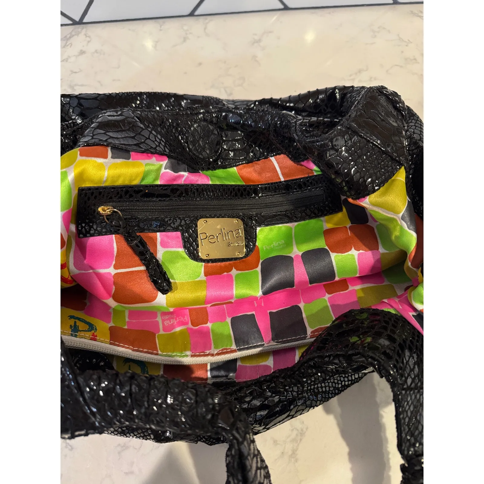 Vintage Perlina Y2K black snake skin leather large hobo bag neutral school work - Image 16