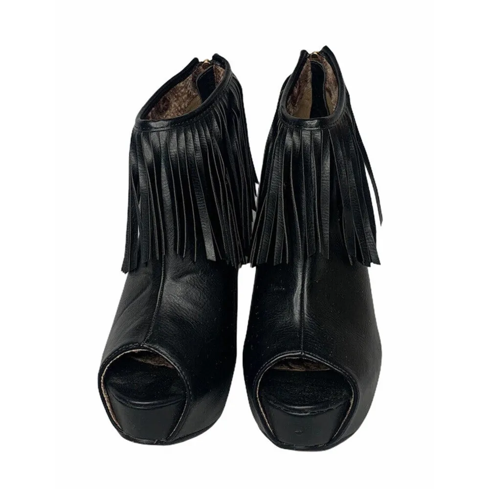 Womens Cleopatra Black Faux Leather Fringe Peep Toe Booties Heels Zippers Sz 6.5 - Image 8