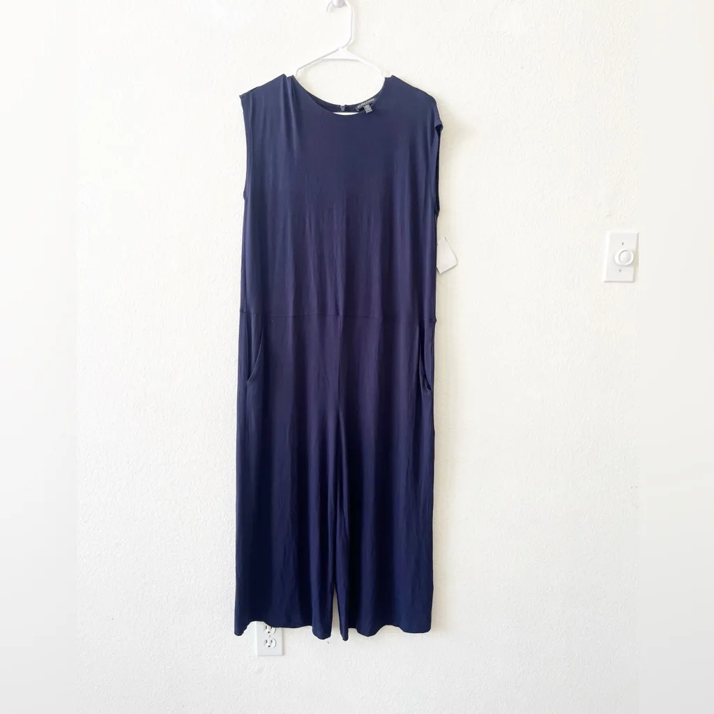 NEW EILEEN FISHER Jumpsuit Size PM‎ Blue Jersey Stretch Sleeveless Wide Leg Crop - Image 2