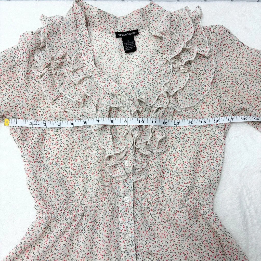 Cotton Express  Cream Floral Ruffle lightweight Blouse size S - Image 5