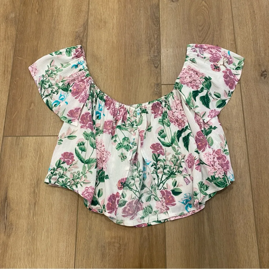 🌟SHOW ME YOUR MUMU🌟 ELLA FLORAL PRINT OFF THE SHOULDER CROP TOP PINK SZ S - Image 8