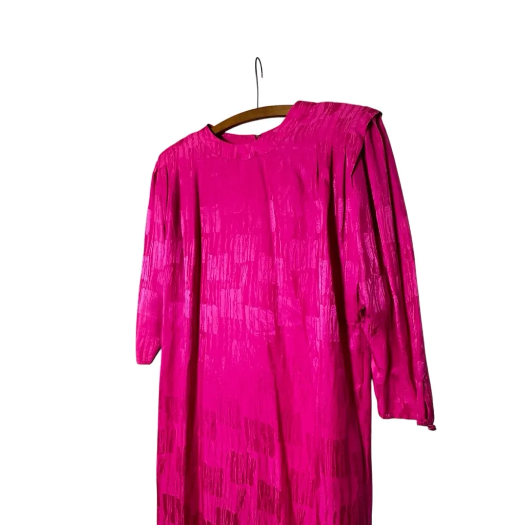 Vintage MS Chaus Silk Pink Fuchsia 3/4 Length Sleeve Dress Velcro Shoulder Pads Size 12 - Image 3