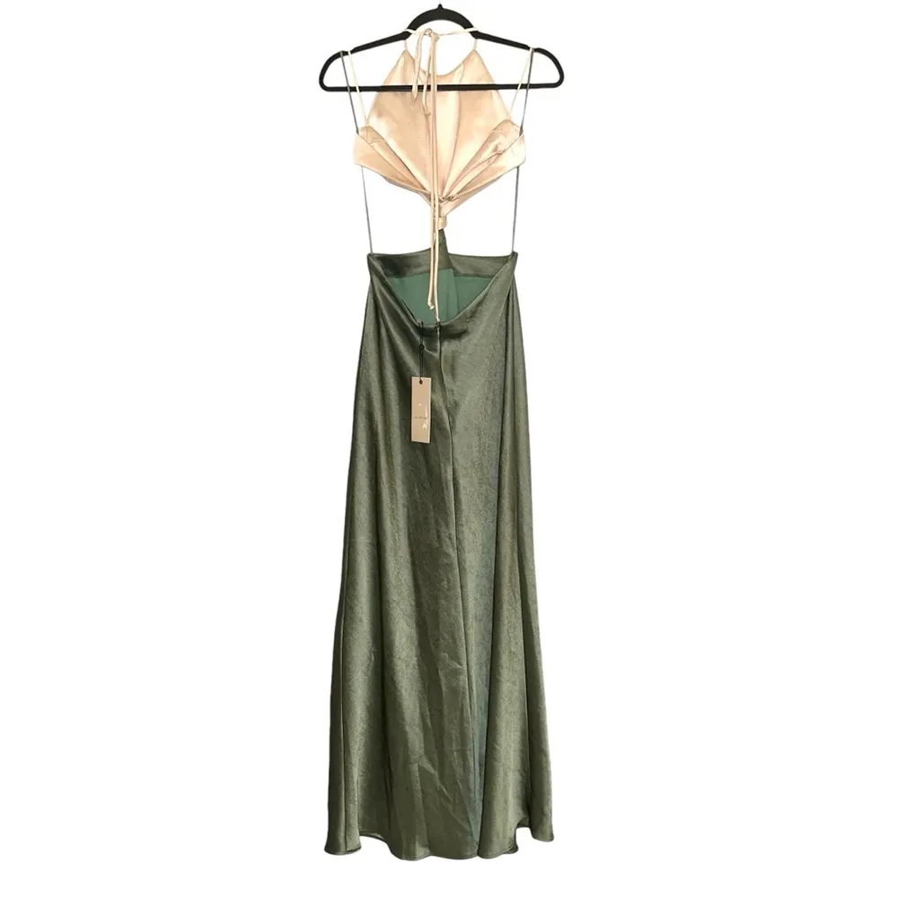 NWT Bec + Bridge Carrie Halter Satin Cut Out Cream Green Maxi Dress US 10 - Image 4
