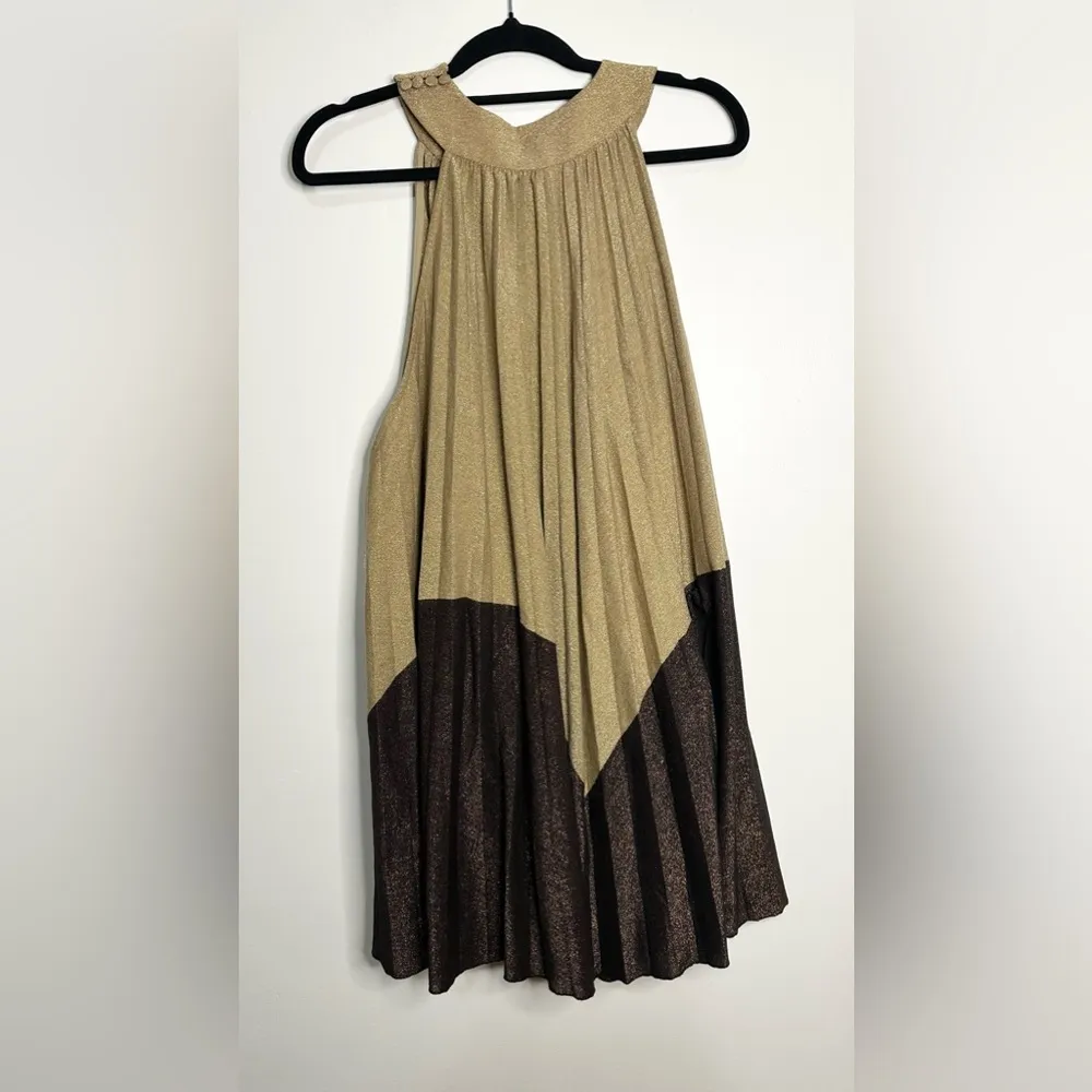 Free People Women's Pleated Love Metallic Gold & Brown Sleeveless Mini Dress XS - Image 7