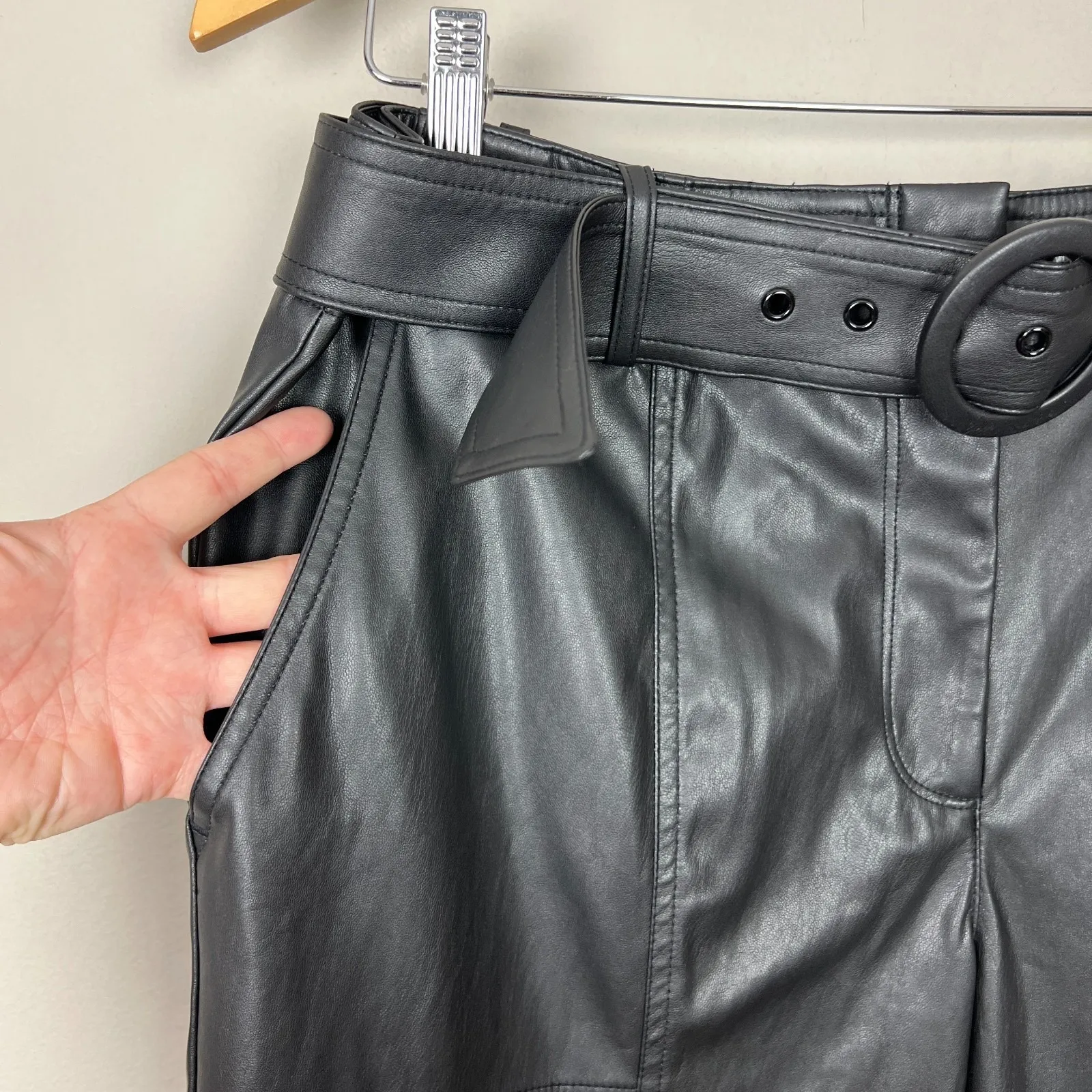 Karl Lagerfeld Faux Leather Cargo Pants Womens 12 Black Belted Straight Leg New‎ - Image 8