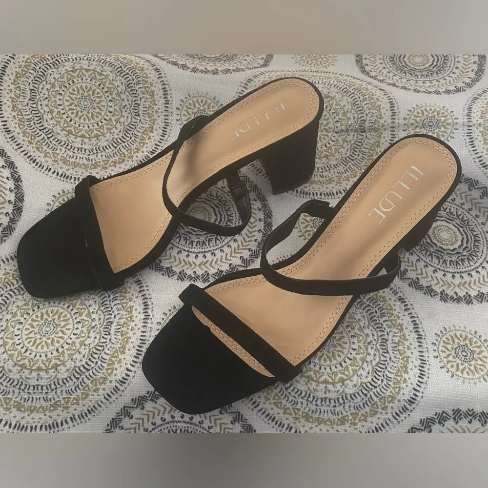 Women’s Block Heel Double Strap Square Open Toe Heeled Sandal Slip On Mule Sz 10 Black - Image 4