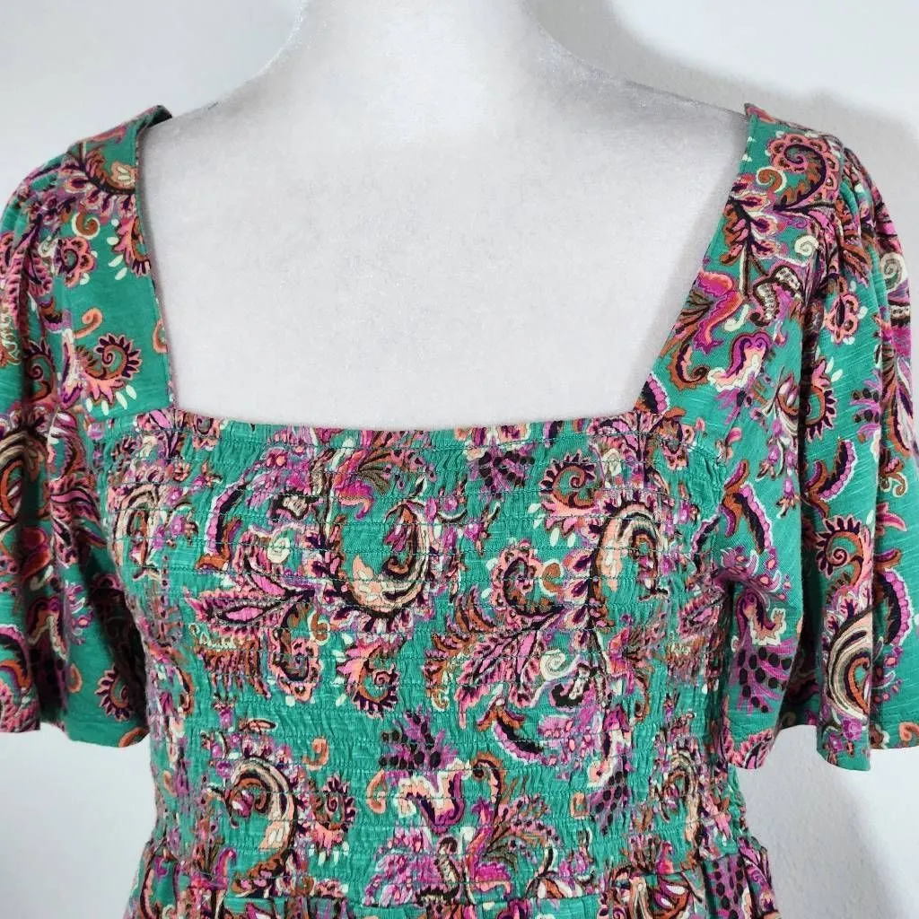 Fat Face Green and Pink Paisley Boho Smocked Top with Square Neckline NWT Size 4 - Image 2