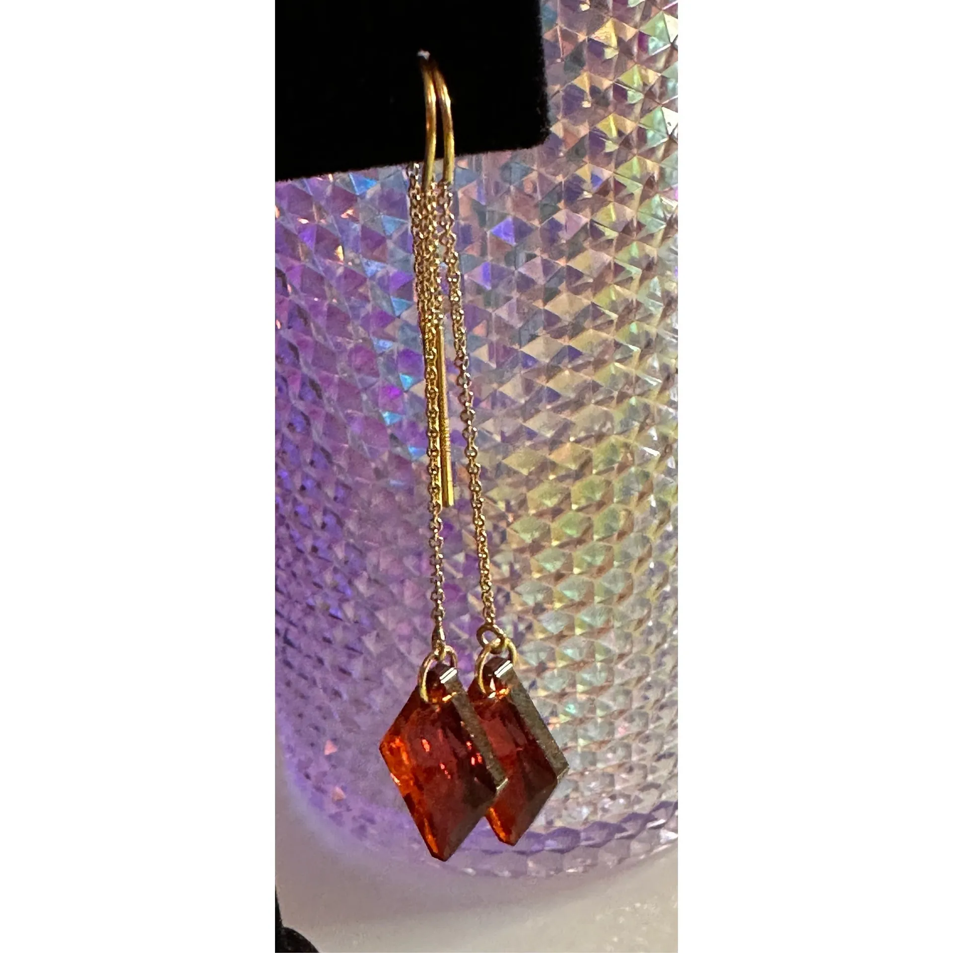 Handmade Swarovski Crystal Gold filled threader Chain Earrings Red Magma 2.25” - Image 4