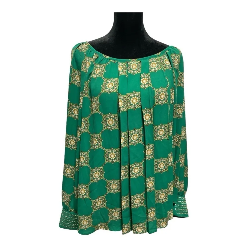 Alfani Green Baroque Print Studded Cuff Blouse Size 12 - Image 2