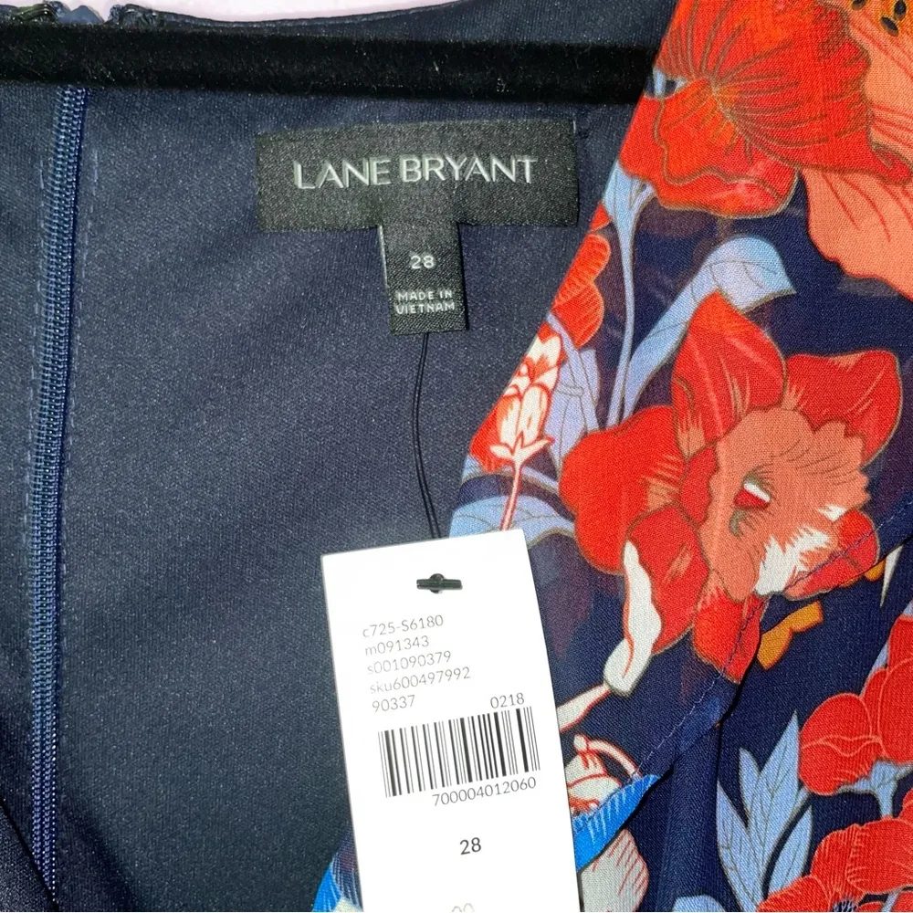 NEW Lane Bryant Size 28 Blue Floral Midi Dress Faux Ruffle Navy Orange Boho - Image 5