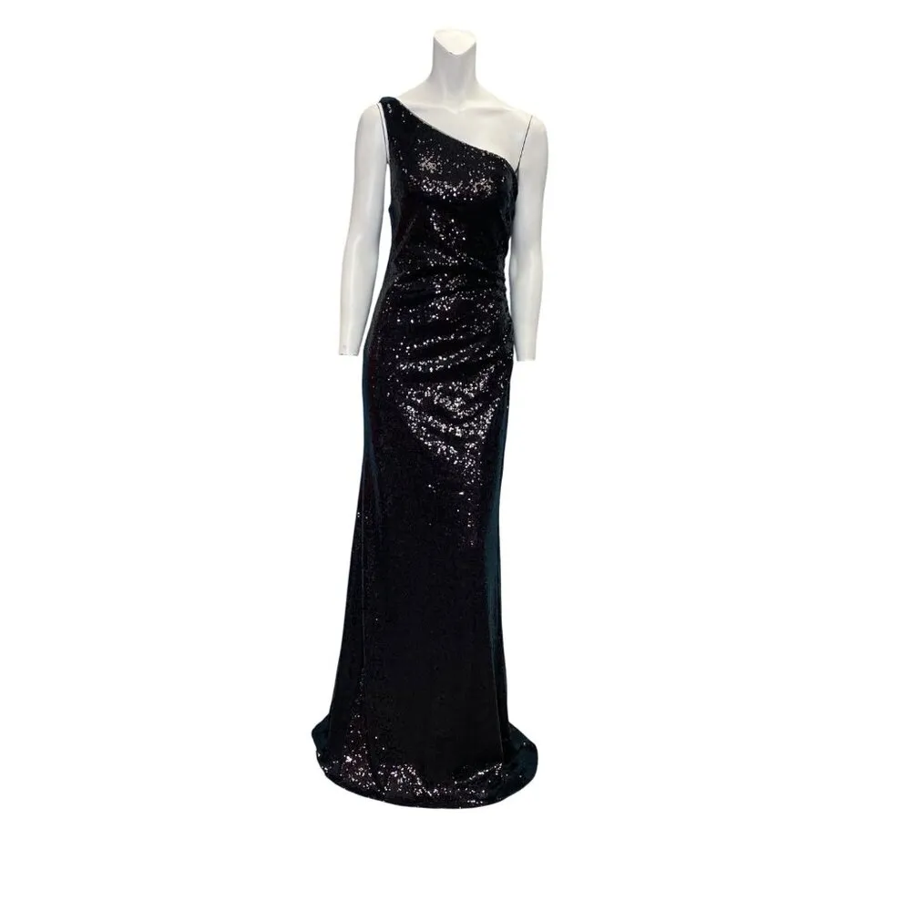 Faviana One Shoulder Sequin Ruched Sleeveless Gown S10638 Black Size 8 NWT - Image 3