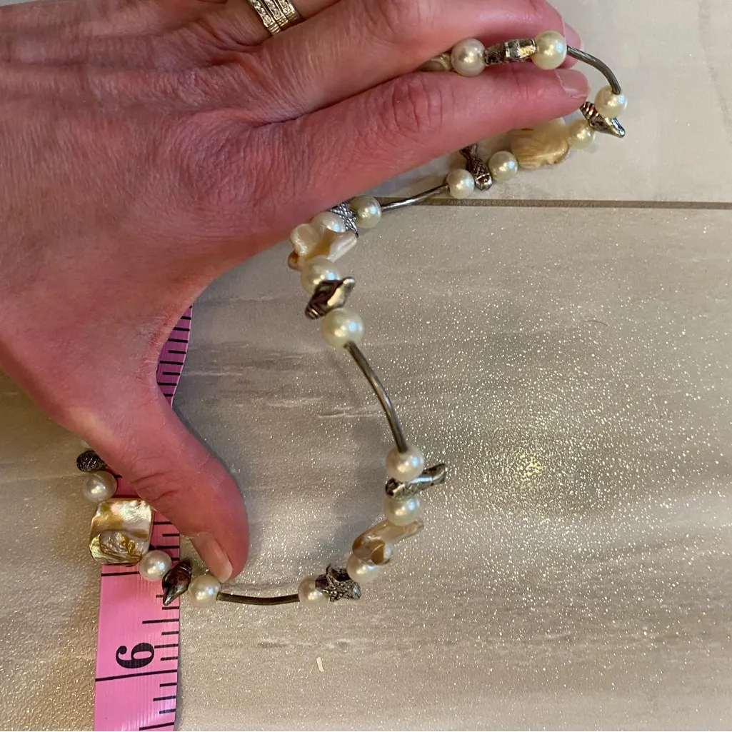 Metallic Sea Life and Pearlized Rock Beads Ocean Beach Theme Wrap Bracelet Silver - Image 3