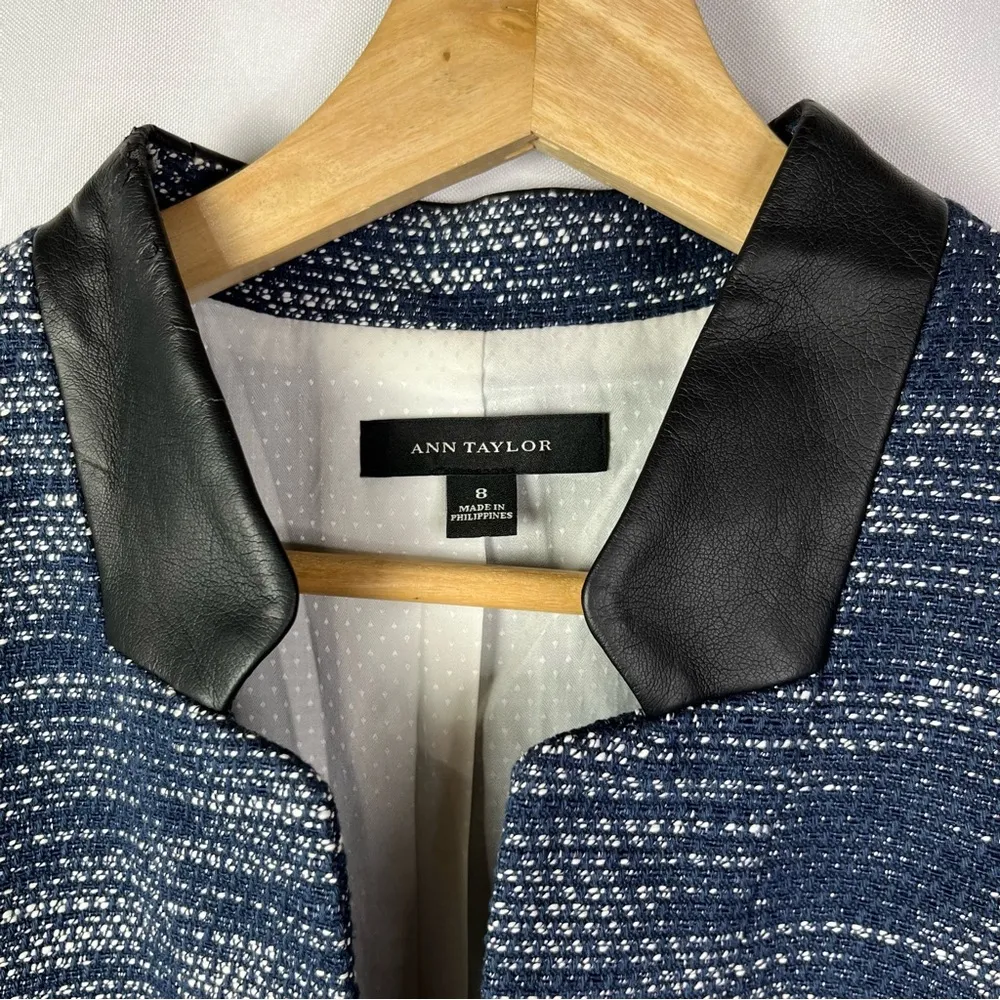 Ann Taylor Navy Blue Tweed Faux Leather Blazer Jacket 8 - Image 4