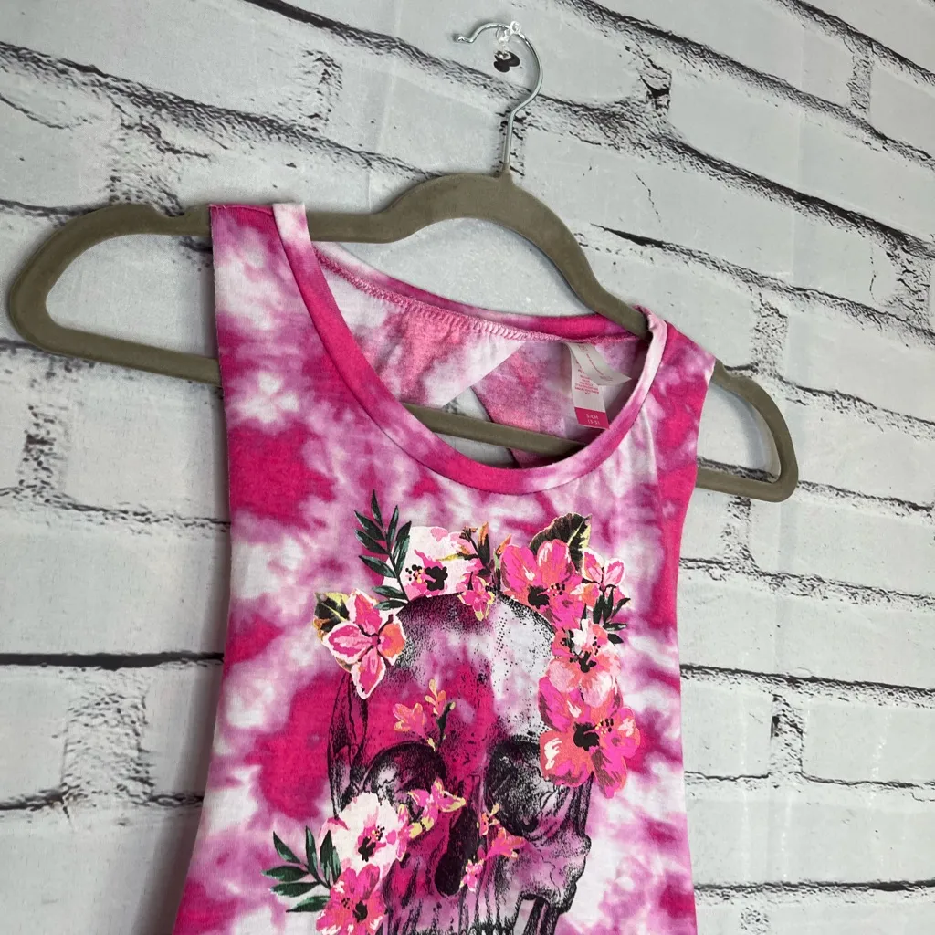 No Boundaries Skeleton Floral Graphic Tee S Pink White Tie Dye Goth Punk Grunge - Image 3