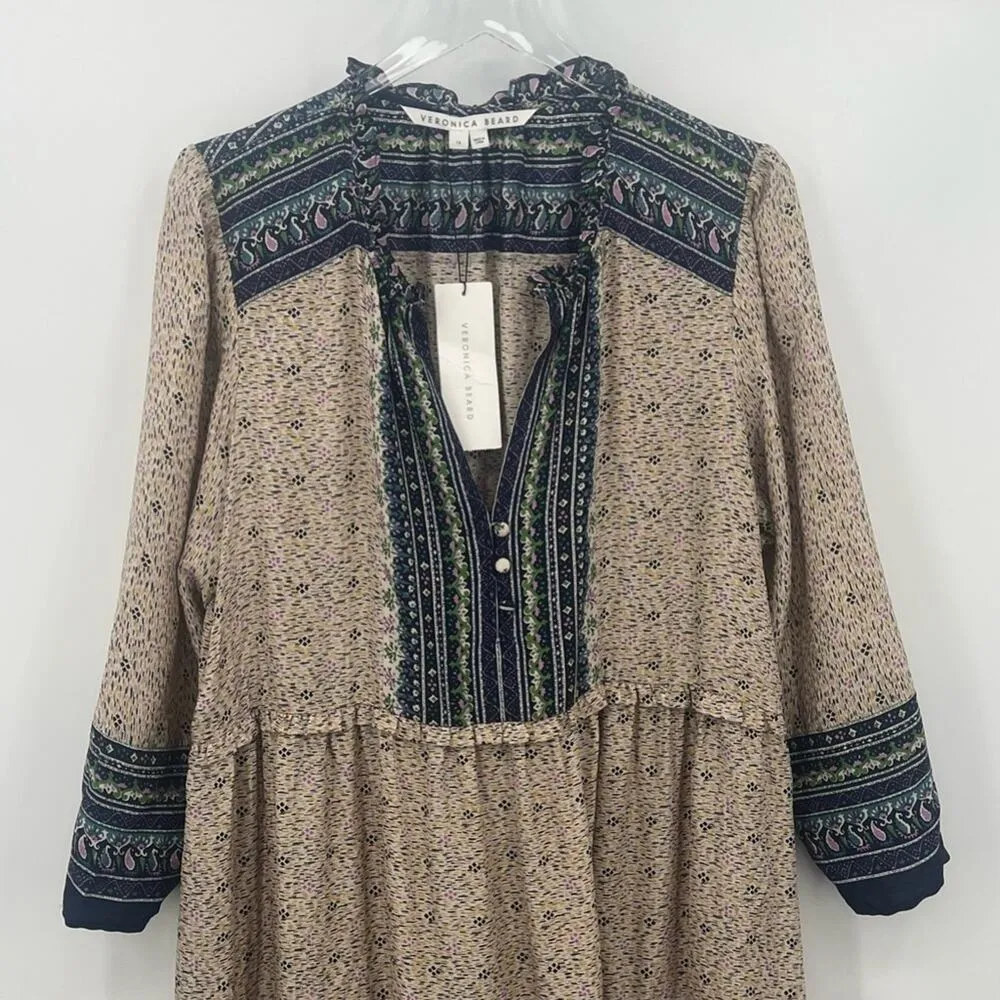 Veronica Beard Lumi 100% silk dress ruffle hem knee length tan navy size 14 NEW - Image 4