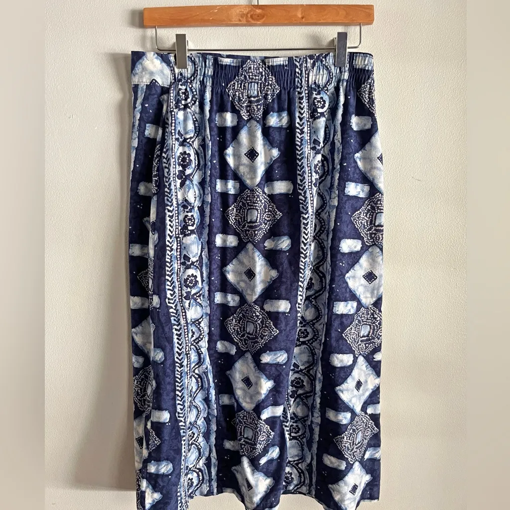 Vintage BonWorth Navy Blue Batik Print Midi Skirt Button Wrap Elastic Waist M Size M - Image 11