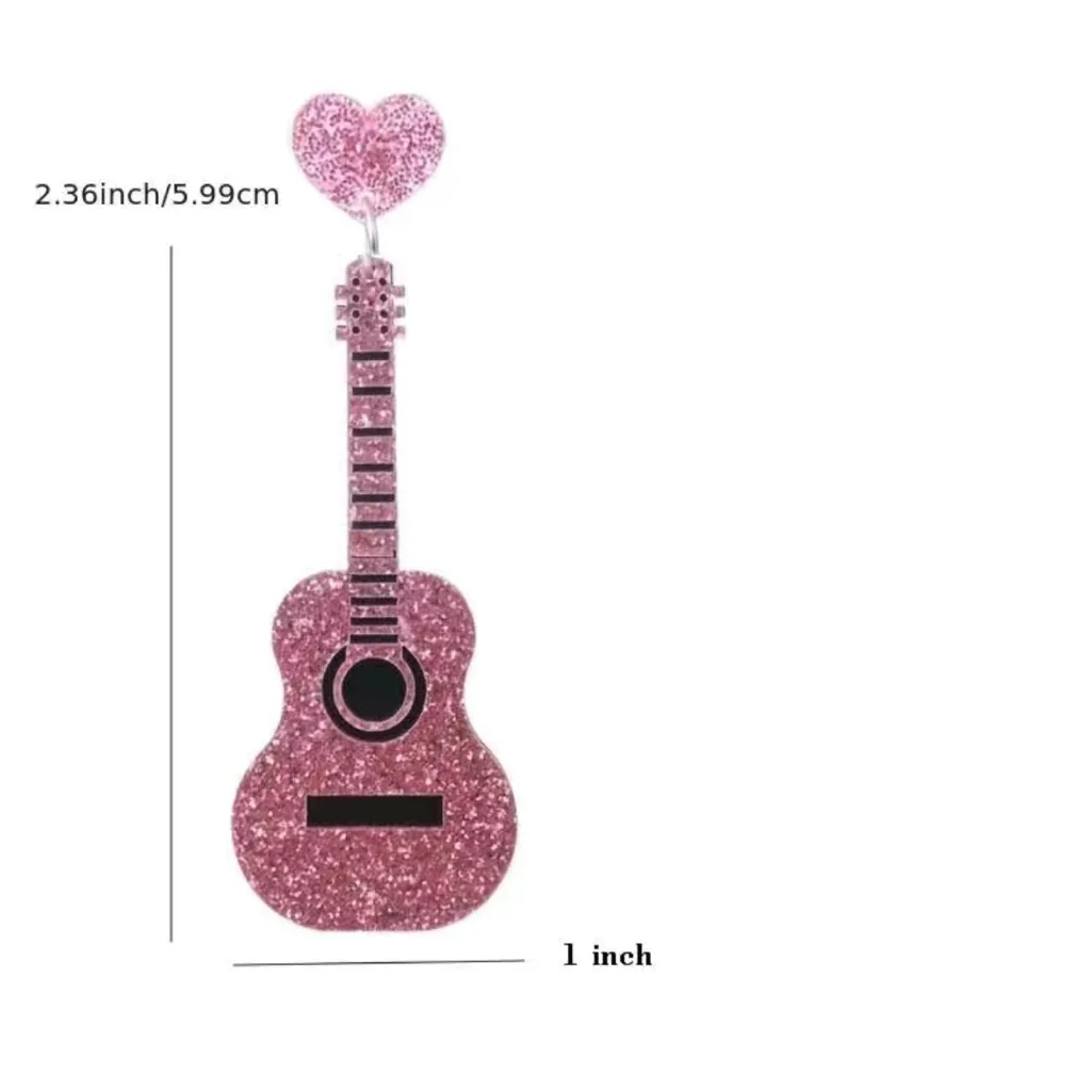 Sparkle with style: Pink guitar glitter acrylic earrings‎ - Image 7