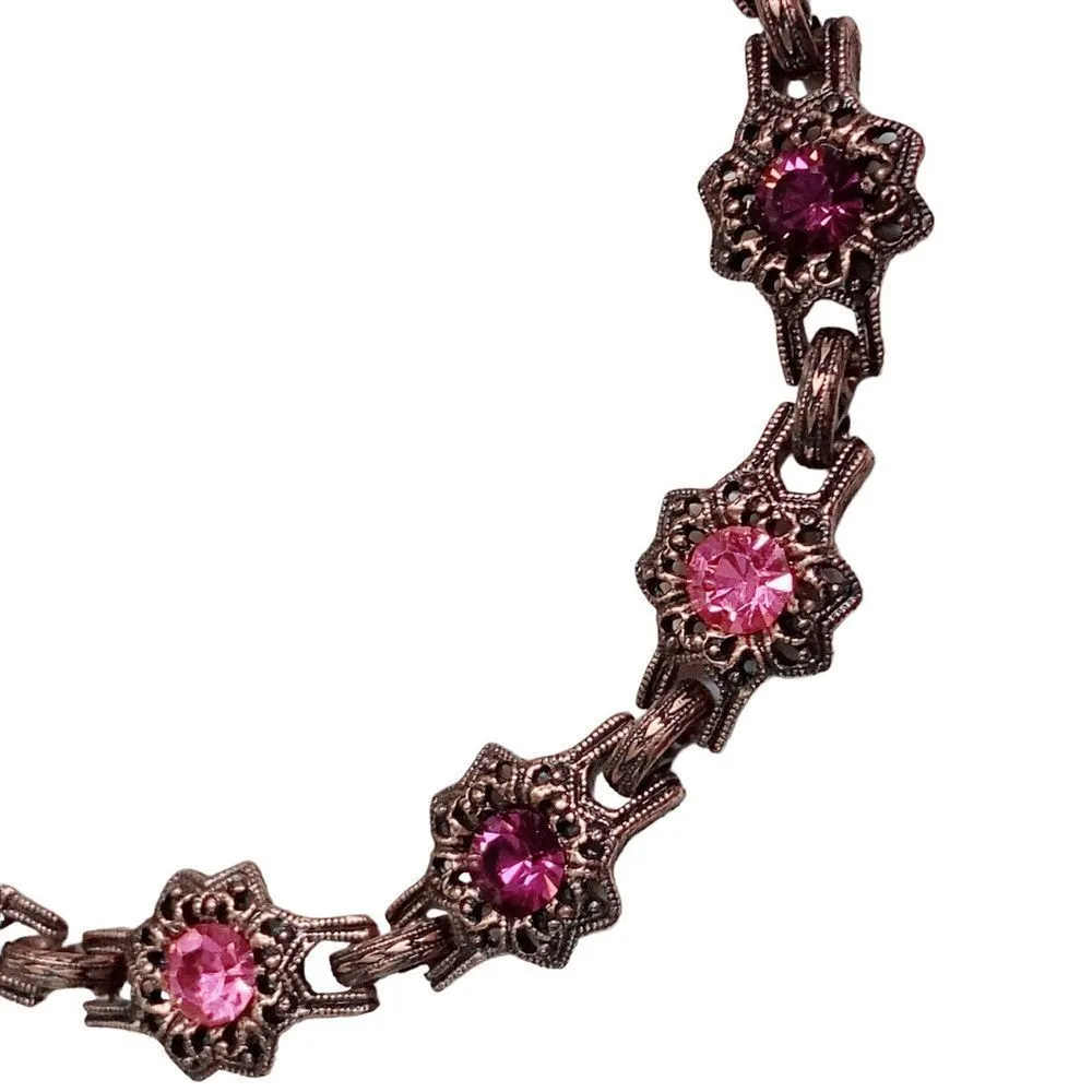 Coppertone Pink Purple Rhinestone Link Bracelet Approximately 7.5” - Image 2